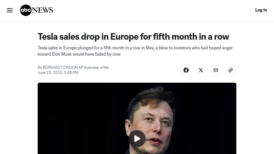 Screenshot of abcnews.go.com: Tesla sales drop for fifth month in a row in Europe