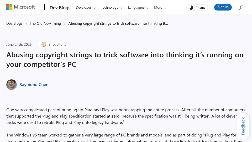 Screenshot of devblogs.microsoft.com: Abusing copyright strings to trick SW into thinking it's running competitor's PC