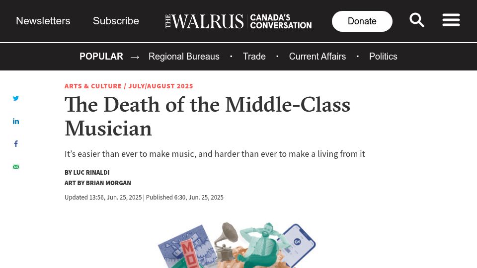 Screenshot of thewalrus.ca: The Death of the Middle-Class Musician