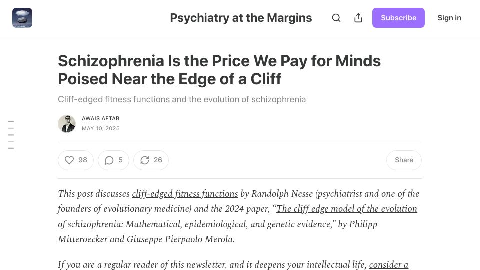 Screenshot of psychiatrymargins.com: Schizophrenia is the price we pay for minds poised near the edge of a cliff