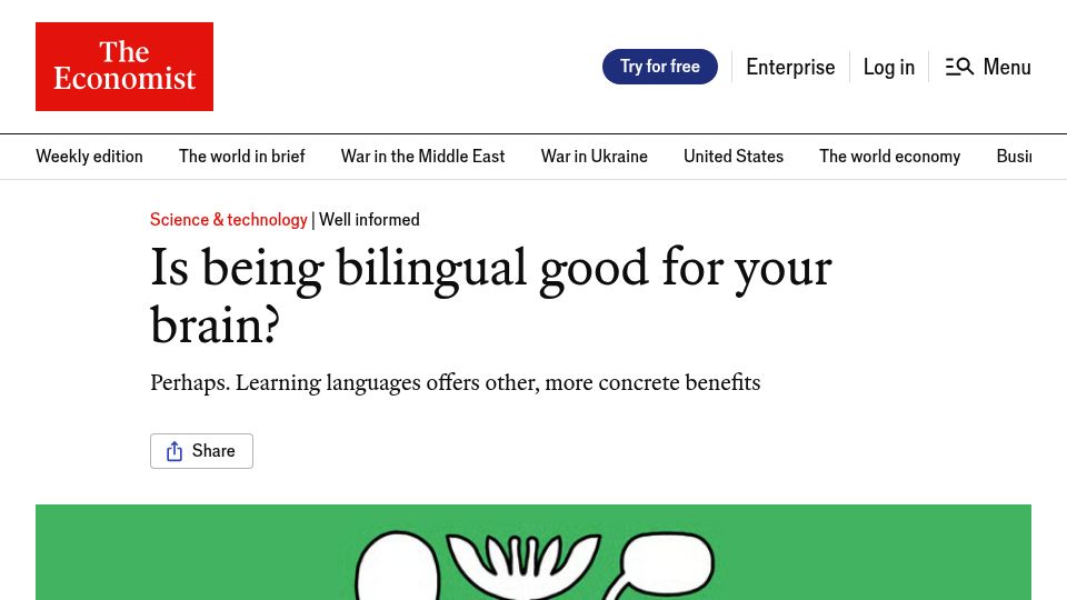 Screenshot of economist.com: Is being bilingual good for your brain?