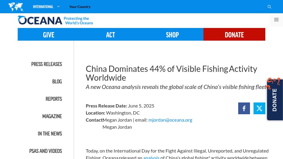 Screenshot of oceana.org: China Dominates 44% of Visible Fishing Activity Worldwide