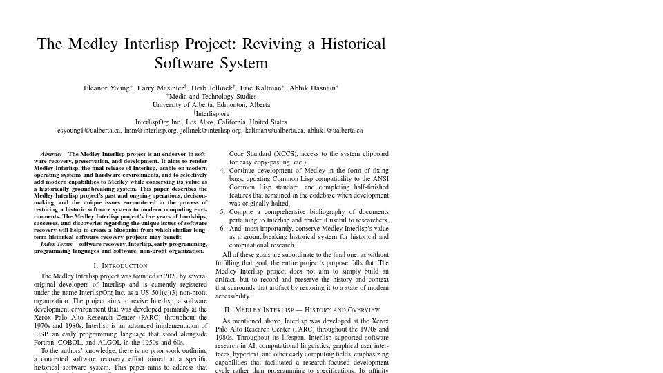 Screenshot of interlisp.org: The Medley Interlisp Project: Reviving a Historical Software System [pdf]