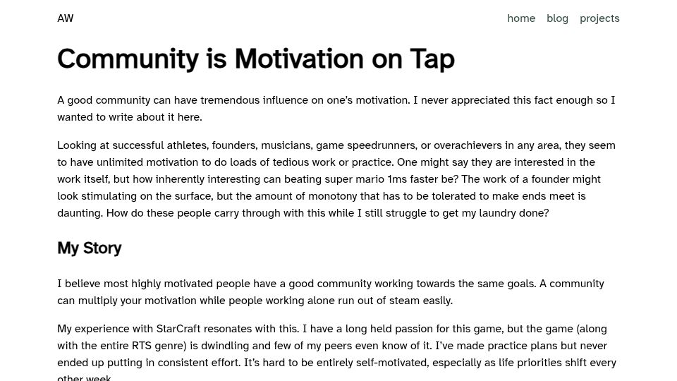 Screenshot of alanwu.xyz: Community Is Motivation on Tap