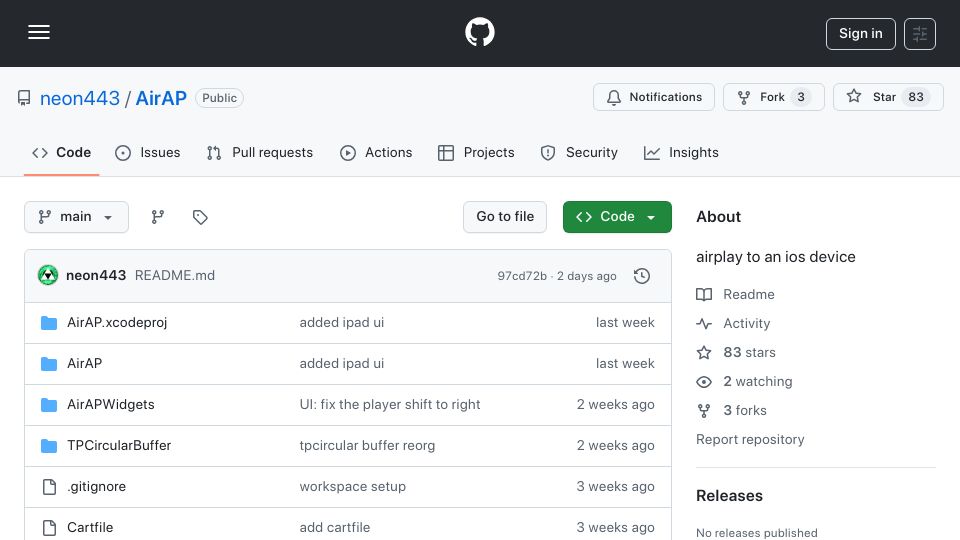 Screenshot of github.com: Show HN: AirAP AirPlay server – AirPlay to an iOS Device