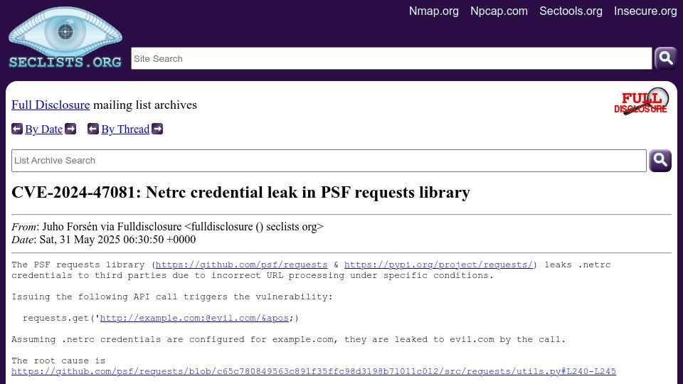 Screenshot of seclists.org: CVE-2024-47081: Netrc credential leak in PSF requests library