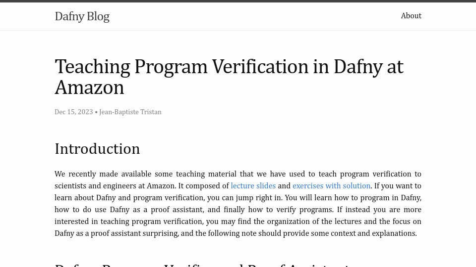 Screenshot of dafny.org: Teaching Program Verification in Dafny at Amazon (2023)