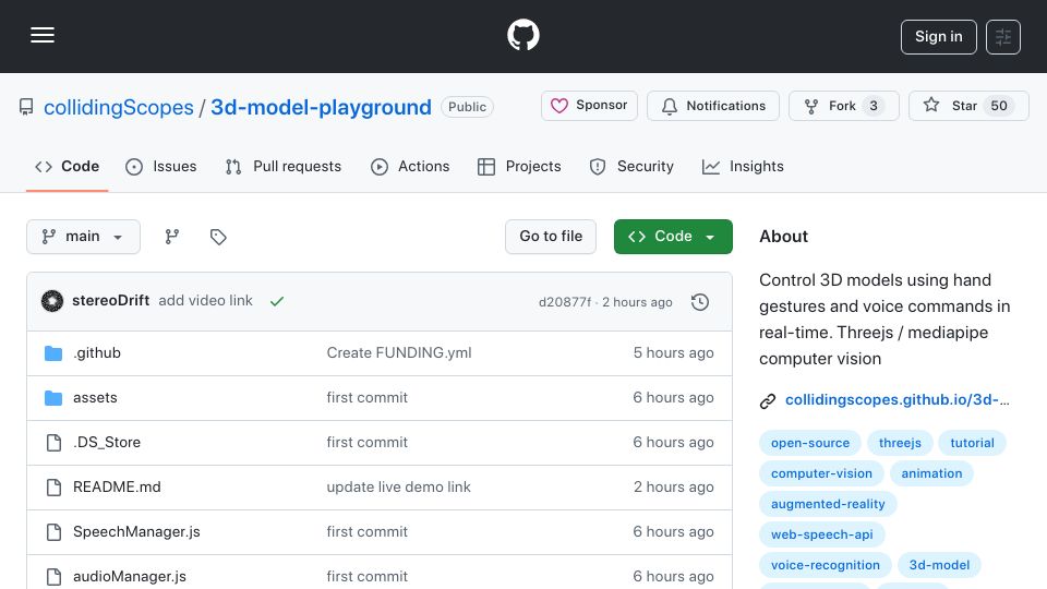 Screenshot of github.com: Show HN: Controlling 3D models with voice and hand gestures