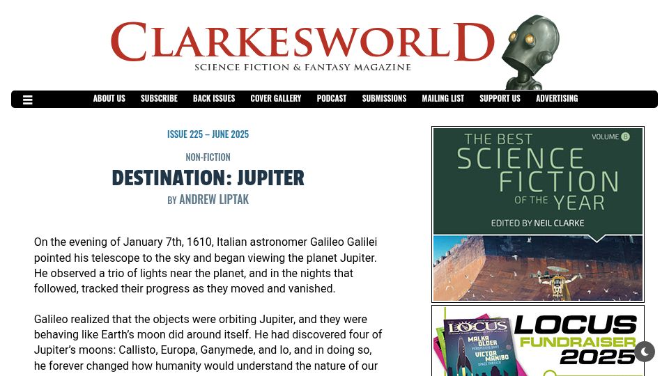 Screenshot of clarkesworldmagazine.com: Destination: Jupiter