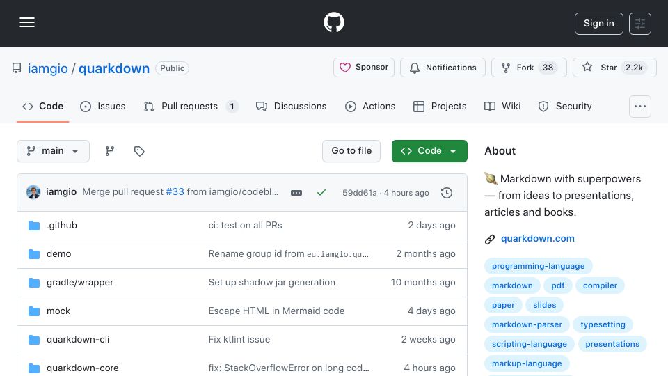 Screenshot of github.com: Quarkdown: A modern Markdown-based typesetting system
