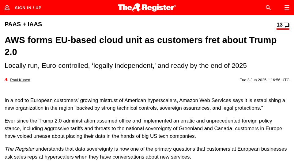 Screenshot of theregister.com: AWS forms EU-based cloud unit as customers fret