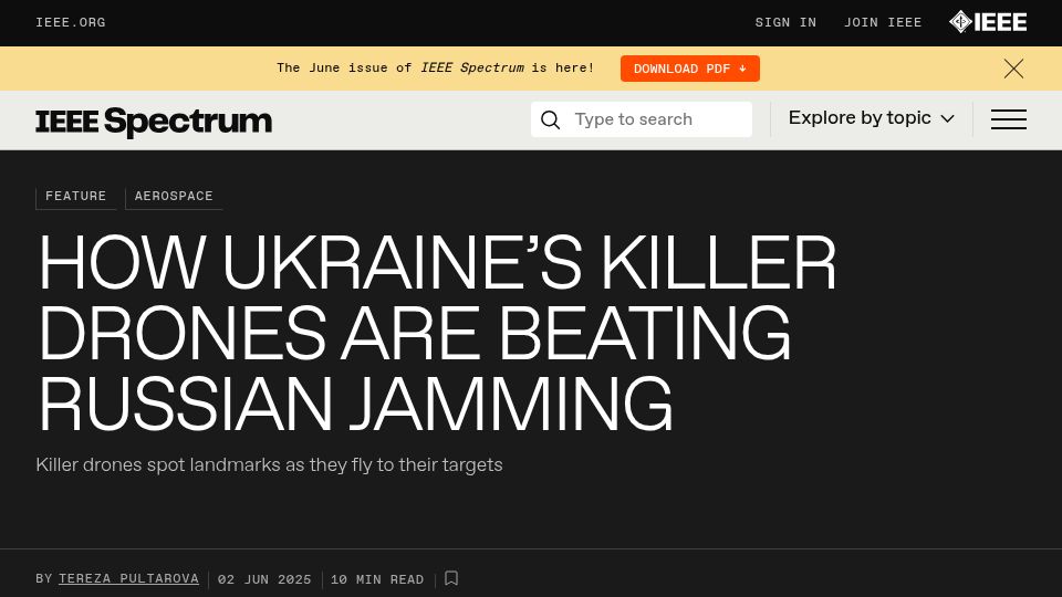 Screenshot of spectrum.ieee.org: Ukraine's autonomous killer drones defeat electronic warfare