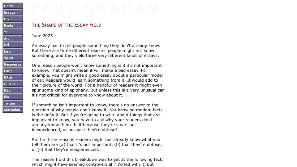 Screenshot of paulgraham.com: The Shape of the Essay Field