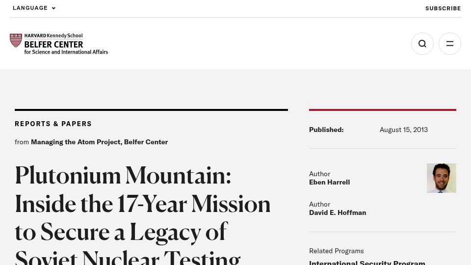 Screenshot of belfercenter.org: Plutonium Mountain: The 17-year mission to guard remains of Soviet nuclear tests