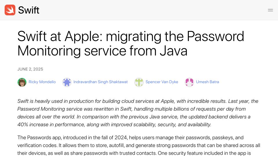 Screenshot of swift.org: Swift at Apple: Migrating the Password Monitoring Service from Java