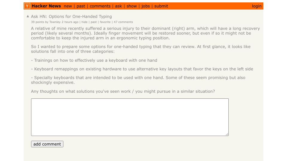 Screenshot of Hacker News post: Ask HN: Options for One-Handed Typing