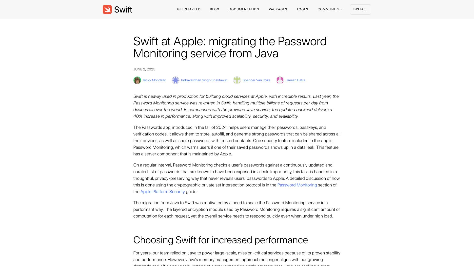 Screenshot of swift.org: Swift at Apple: Migrating the Password Monitoring Service from Java