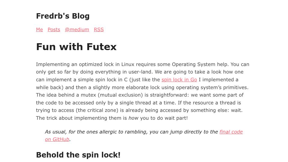 Screenshot of blog.fredrb.com: Fun with Futex