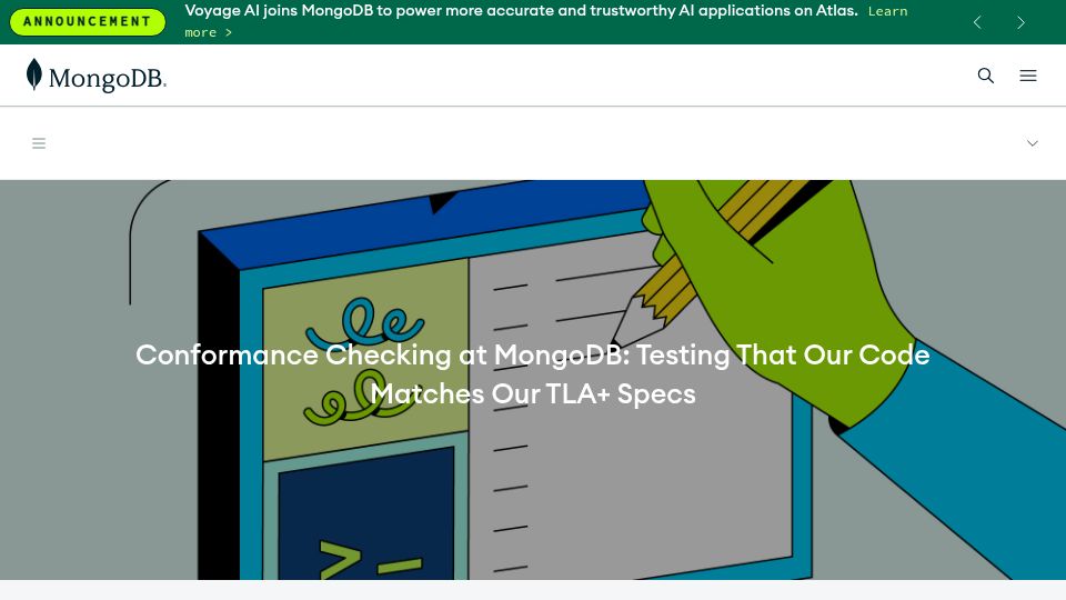 Screenshot of mongodb.com: Conformance checking at MongoDB: Testing that our code matches our TLA+ specs