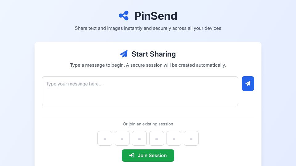 Screenshot of pinsend.app: Show HN: PinSend – Share text between devices using a PIN(P2P, no login)