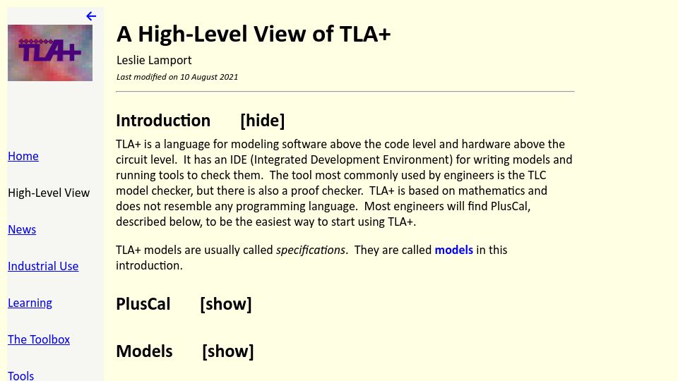 Screenshot of lamport.azurewebsites.net: A High-Level View of TLA+