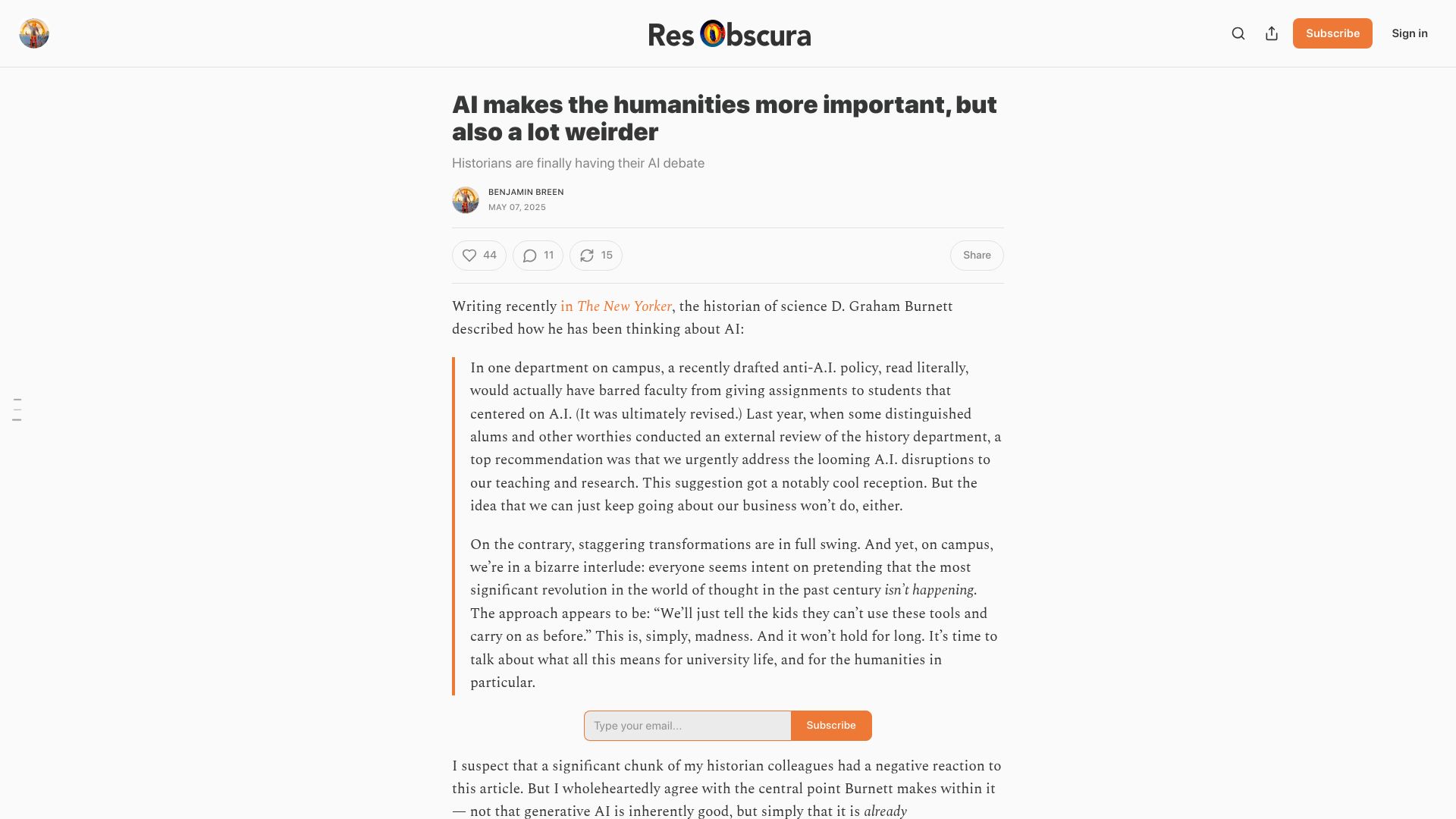 Screenshot of resobscura.substack.com: AI makes the humanities more important, but also weirder