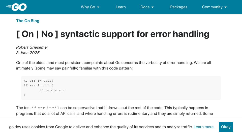Screenshot of go.dev: (On | No) Syntactic Support for Error Handling