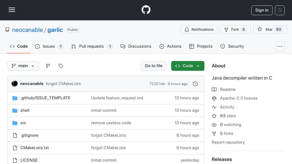 Screenshot of github.com: Show HN: I wrote a Java decompiler in pure C language
