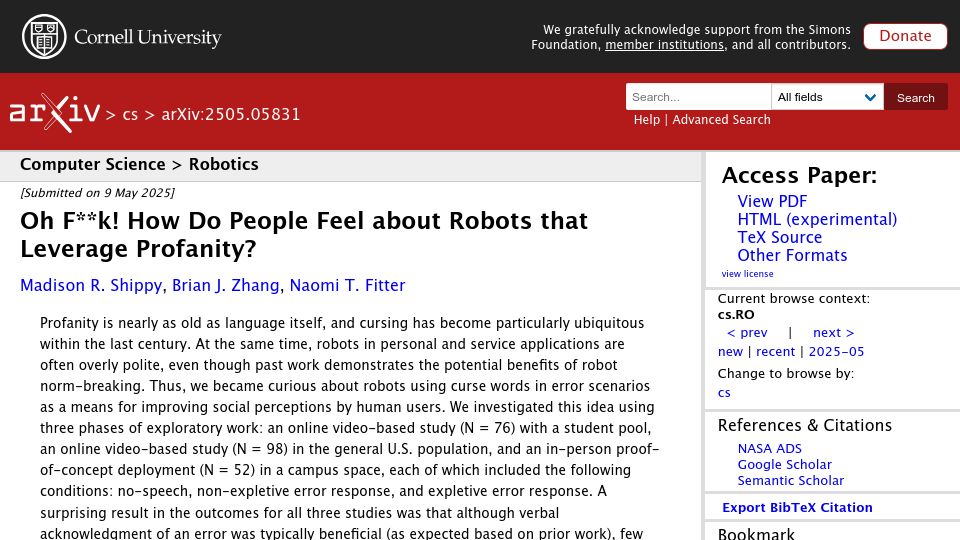 Screenshot of arxiv.org: Oh fuck! How do people feel about robots that leverage profanity?