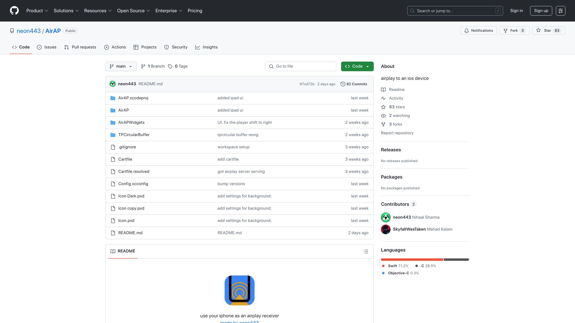 Screenshot of github.com: Show HN: AirAP AirPlay server – AirPlay to an iOS Device