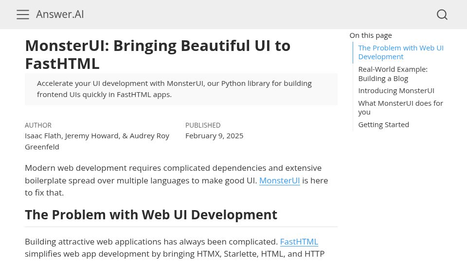 Screenshot of answer.ai: MonsterUI: Python library for building front end UIs quickly in FastHTML apps