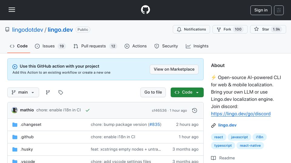 Screenshot of github.com: Show HN: Localize React apps without rewriting code