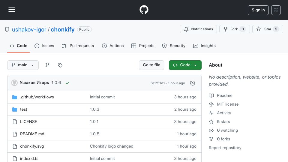 Screenshot of github.com: Show HN: Ultra-lightweight chunker library with emoji support