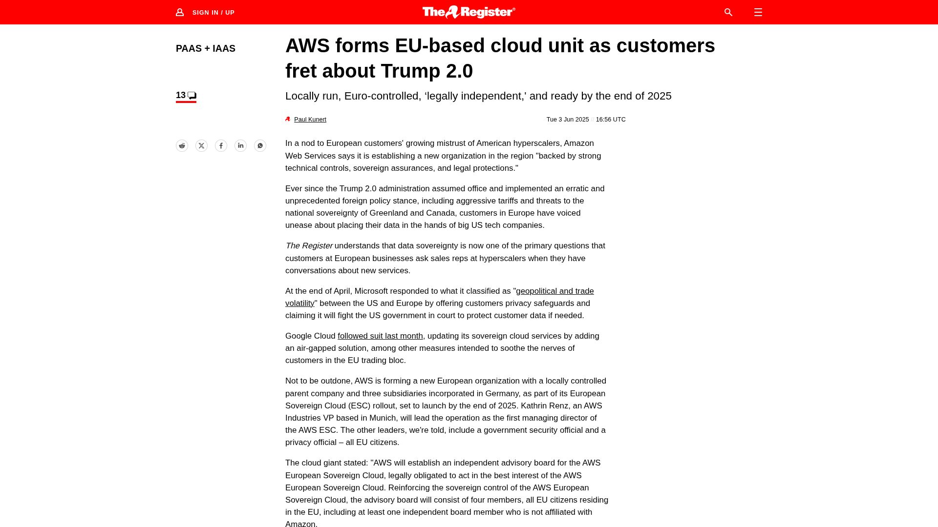 Screenshot of theregister.com: AWS forms EU-based cloud unit as customers fret