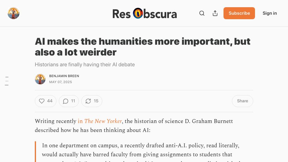 Screenshot of resobscura.substack.com: AI makes the humanities more important, but also weirder