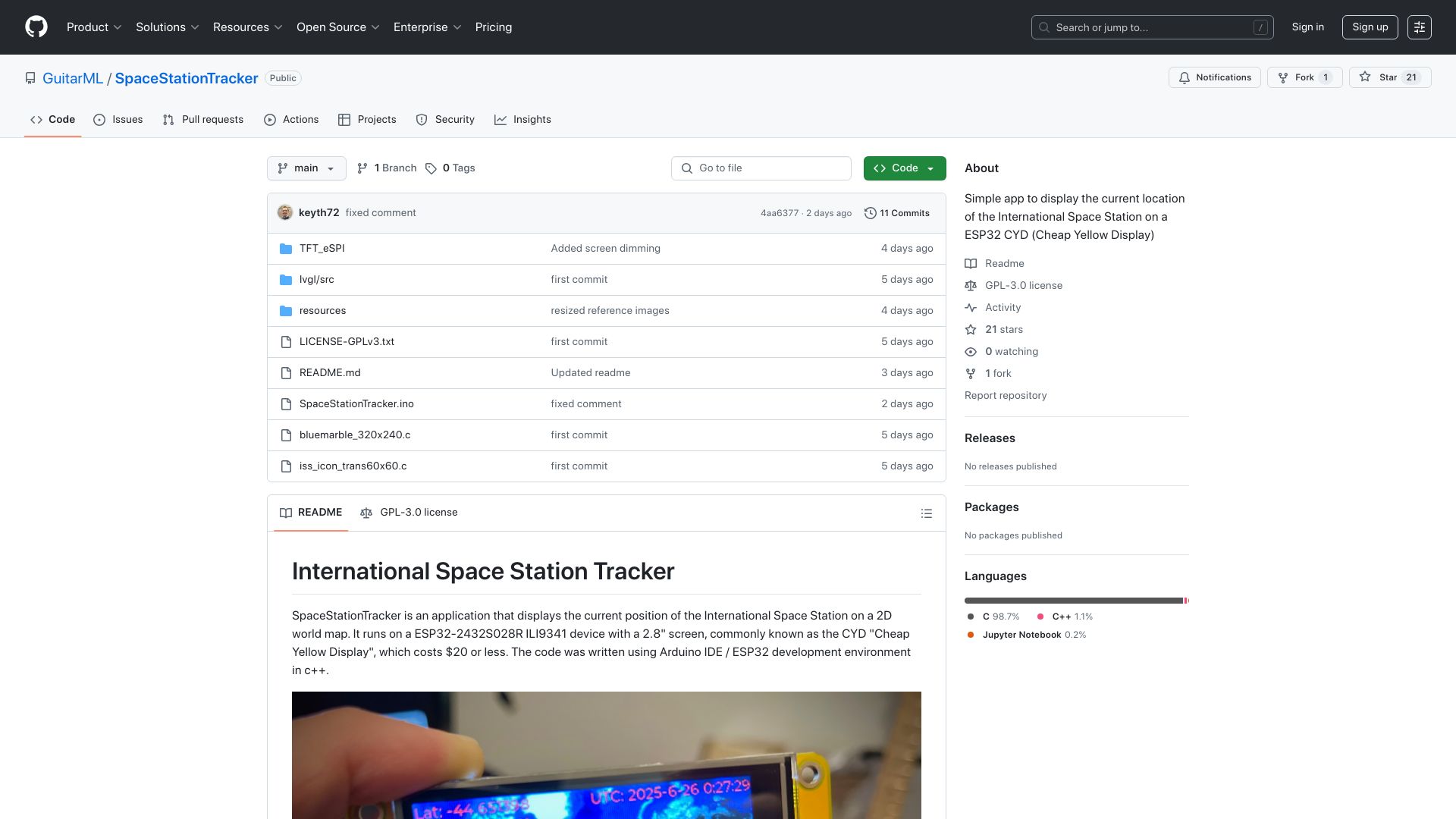 Screenshot of github.com: Show HN: Open-Source International Space Station Tracker ESP32/Arduino for $20