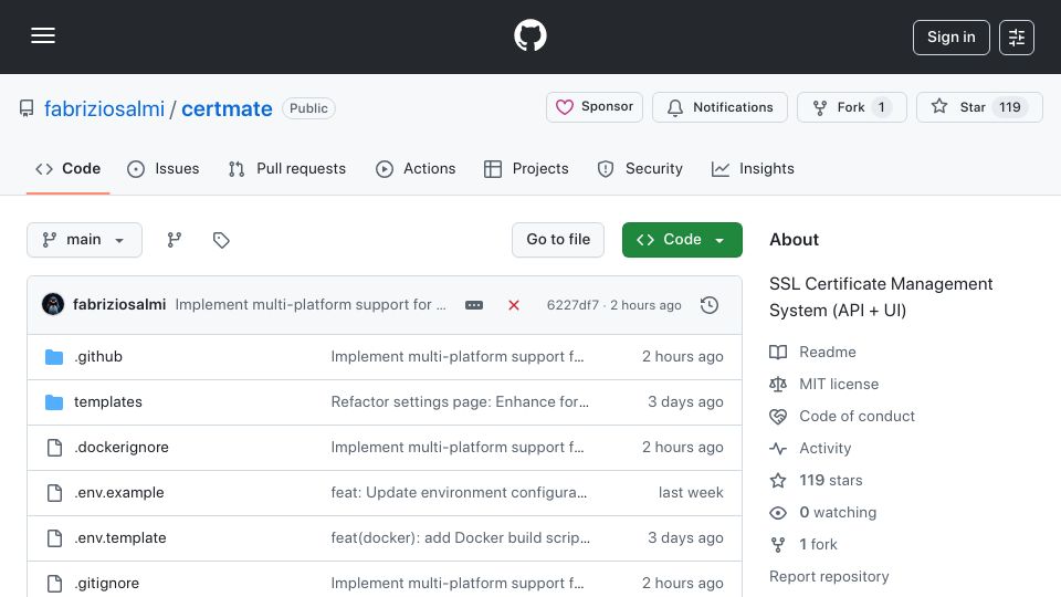 Screenshot of github.com: CertMate – SSL Certificate Management System