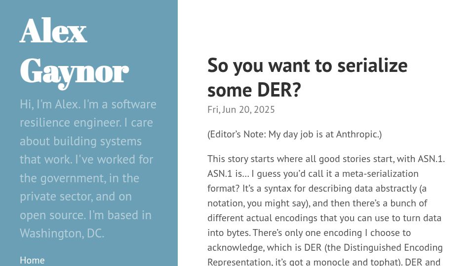 Screenshot of alexgaynor.net: So you want to serialize some DER?