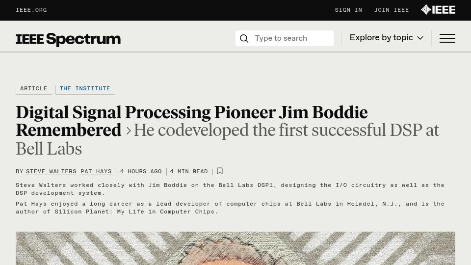 Screenshot of spectrum.ieee.org: Jim Boddie codeveloped the first successful DSP at Bell Labs