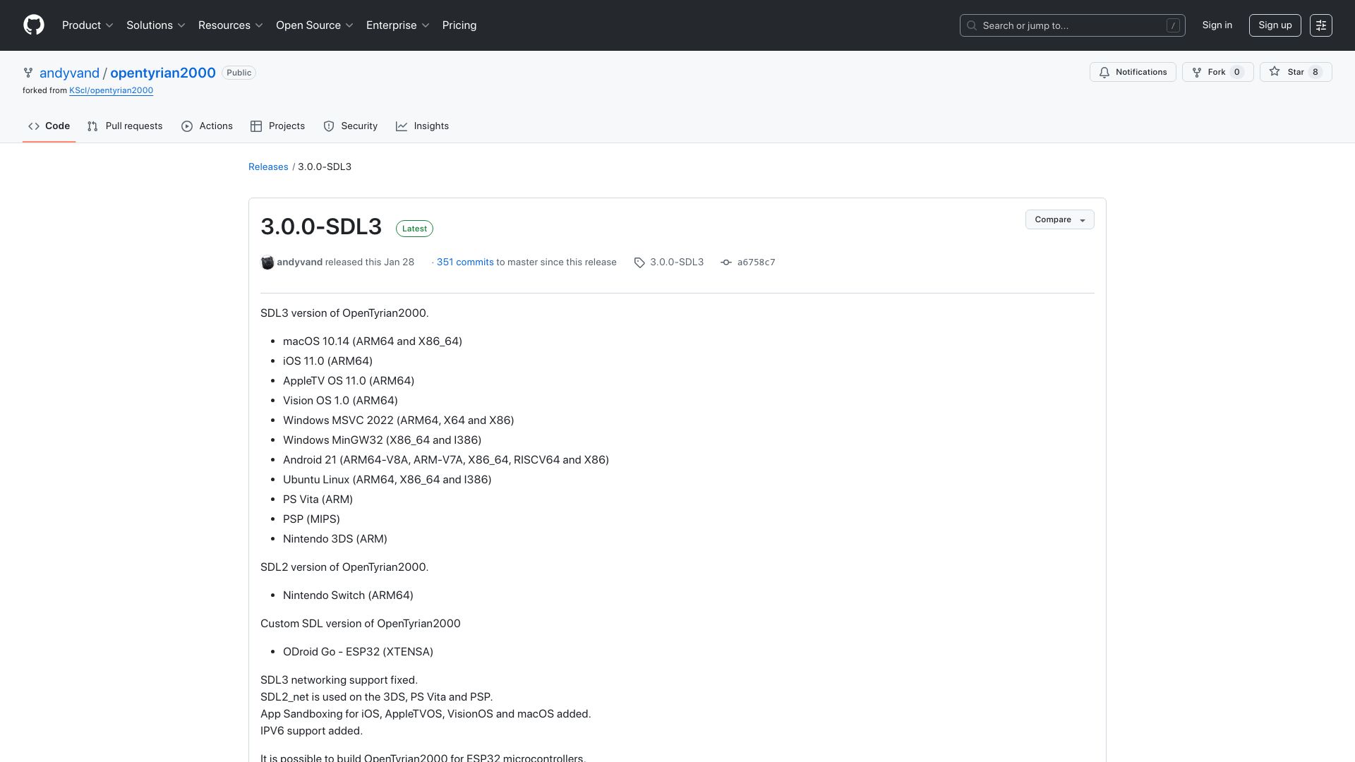 Screenshot of github.com: OpenTyrian2000 – multi platform SDL3 version of Tyrian 2000 released