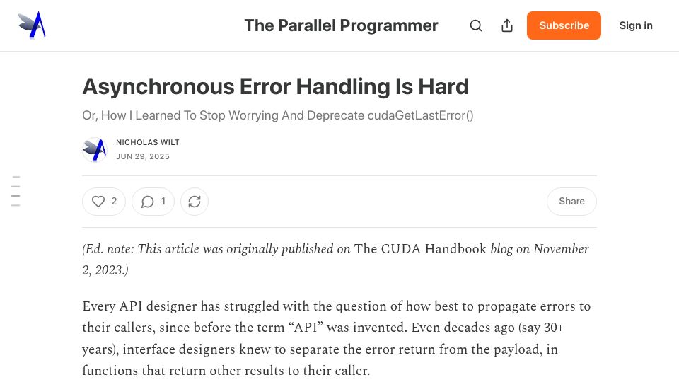 Screenshot of parallelprogrammer.substack.com: Asynchronous Error Handling Is Hard