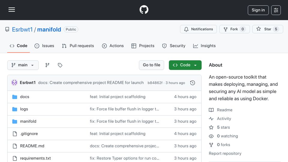 Screenshot of github.com: Manifold: An open-source tool to run AI models for 90% less