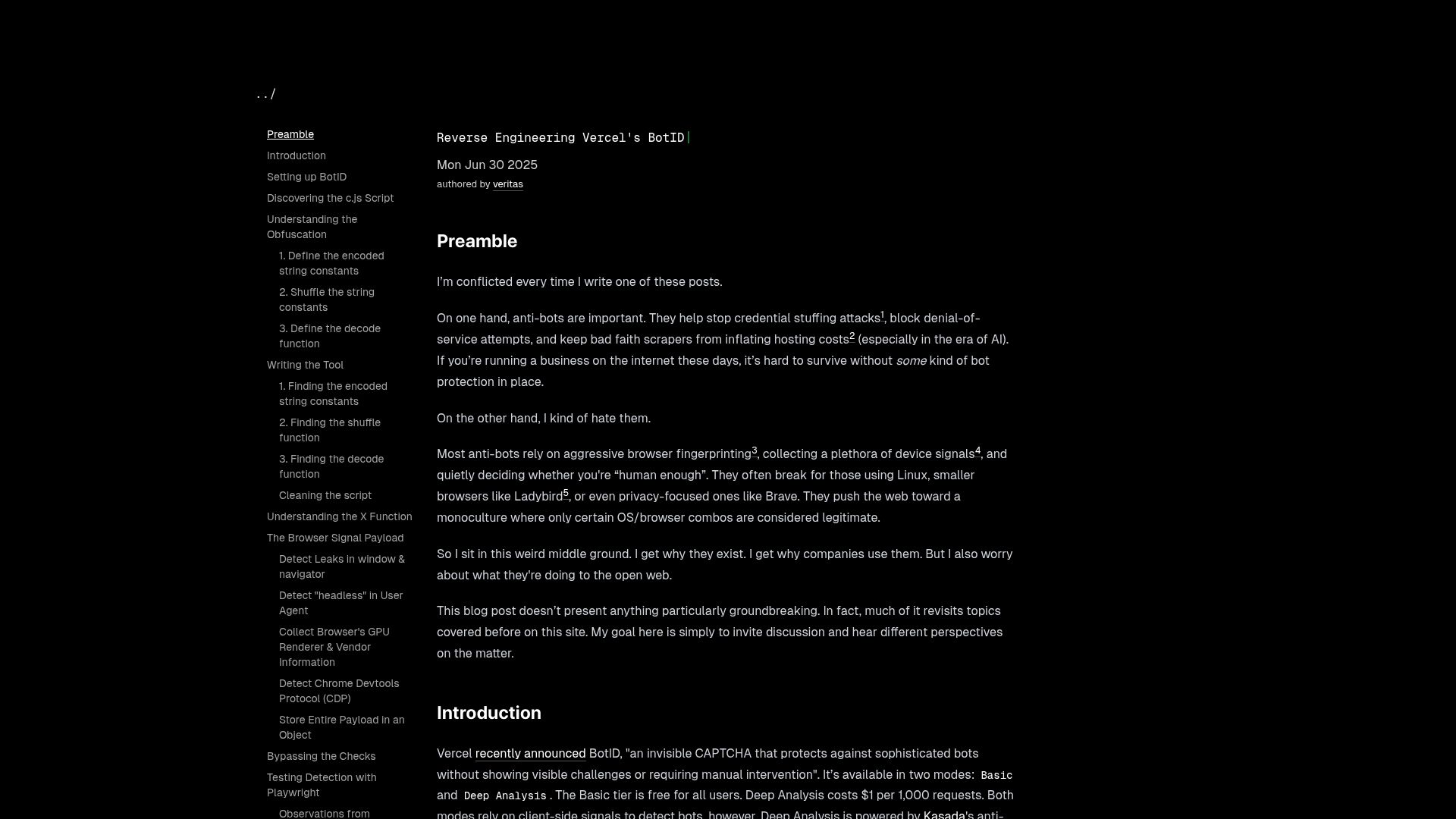 Screenshot of nullpt.rs: Reverse Engineering Vercel's BotID