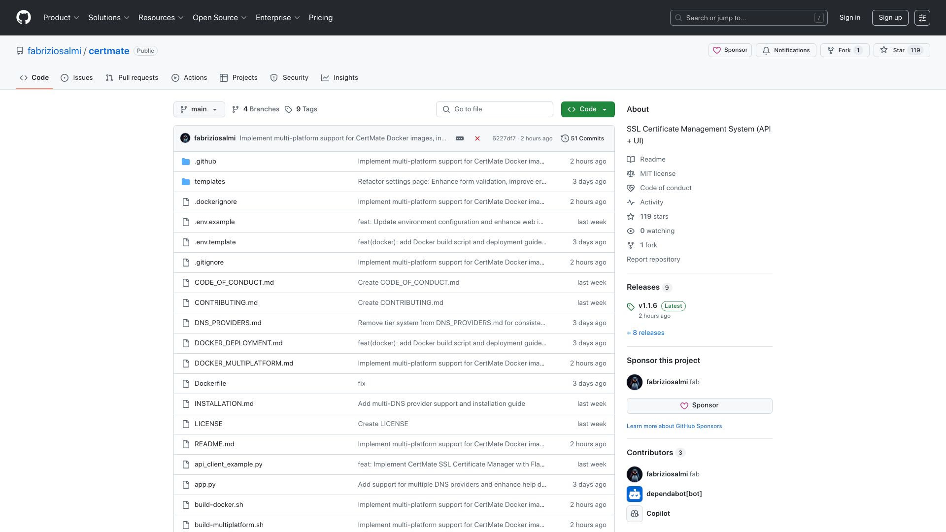 Screenshot of github.com: CertMate – SSL Certificate Management System