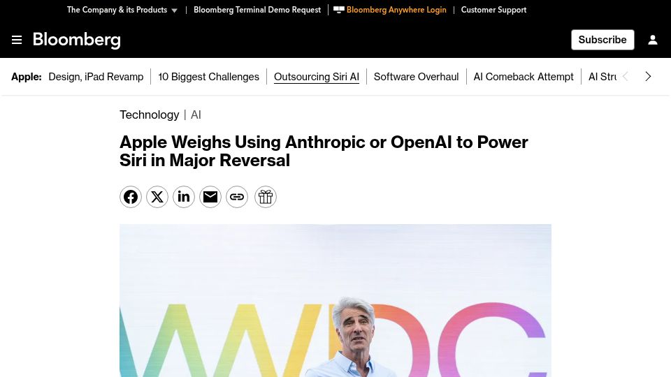 Screenshot of bloomberg.com: Apple Weighs Using Anthropic or OpenAI to Power Siri in Major Reversal
