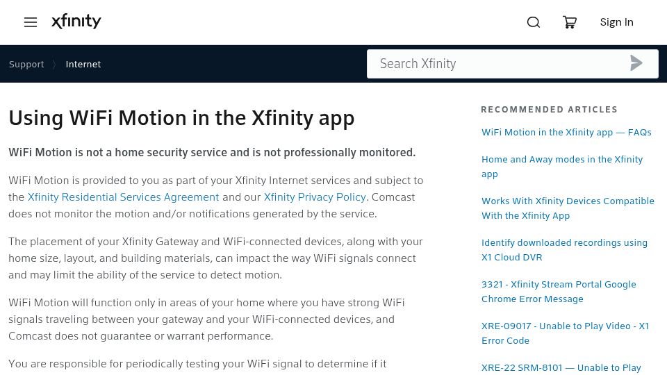 Screenshot of xfinity.com: Xfinity using WiFi signals in your house to detect motion