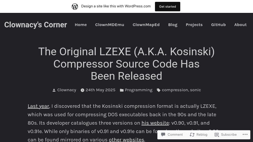 Screenshot of clownacy.wordpress.com: The original LZEXE (A.K.A. Kosinski) compressor source code has been released