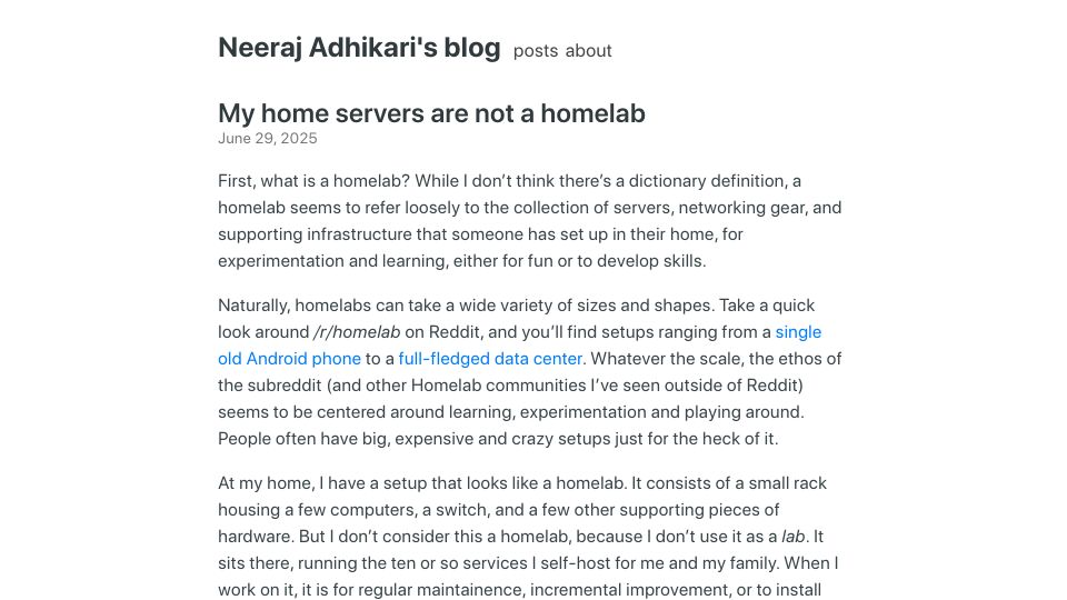 Screenshot of blog.nradk.com: My home servers are not a homelab