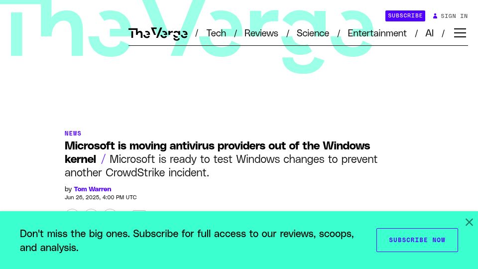 Screenshot of theverge.com: Microsoft is moving antivirus providers out of the Windows kernel