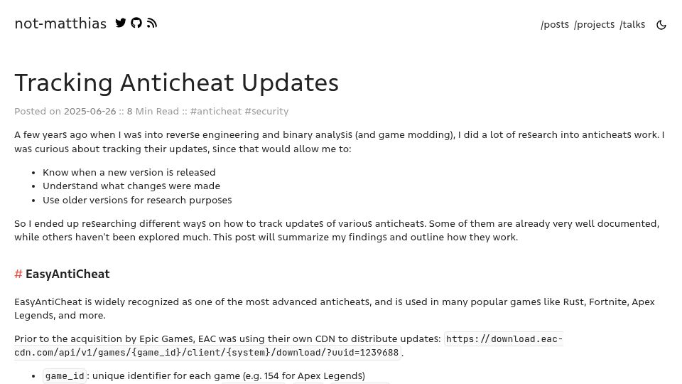 Screenshot of not-matthias.github.io: Anticheat Update Tracking